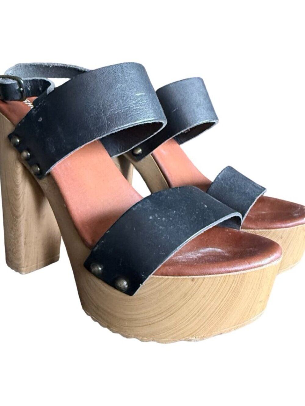 ShoeMint Black Leather Studded Wood Platform Sandals Retro 70s Clogs Size 5
